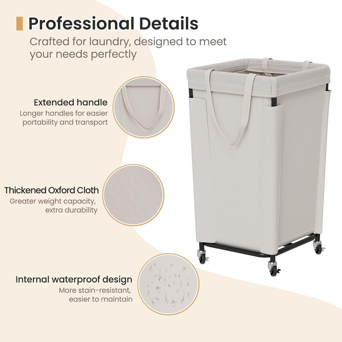 Laundry Basket with Wheels, Laundry Hamper with Removable Bag and Steel Frame, 160L Rolling Dirty Clothes Basket for Bedroom, Bathroom, Laundry Room (Beige)