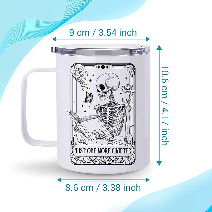 Hyturtle Book Gifts for Book Lovers, 12oz Insulated Stainless Steel Mug With Lid & Spoon, Funny Skeleton Birthday Christmas Gifts For Readers, One More Chapter, Reading Coffee Cup Present Keepsake
