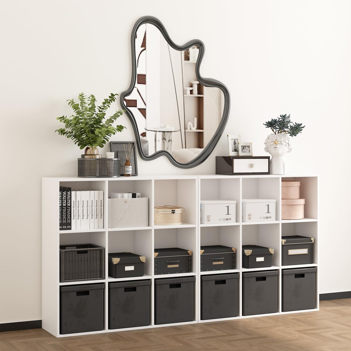 Wooden 9 Cube Storage Organizer with Closed Back Panel,White Cube Shelf Cubby Storage Organizer with Compartments for Living,Bookshelf,Storage Organizers Easy to Install (White, 9 Cube-13in)