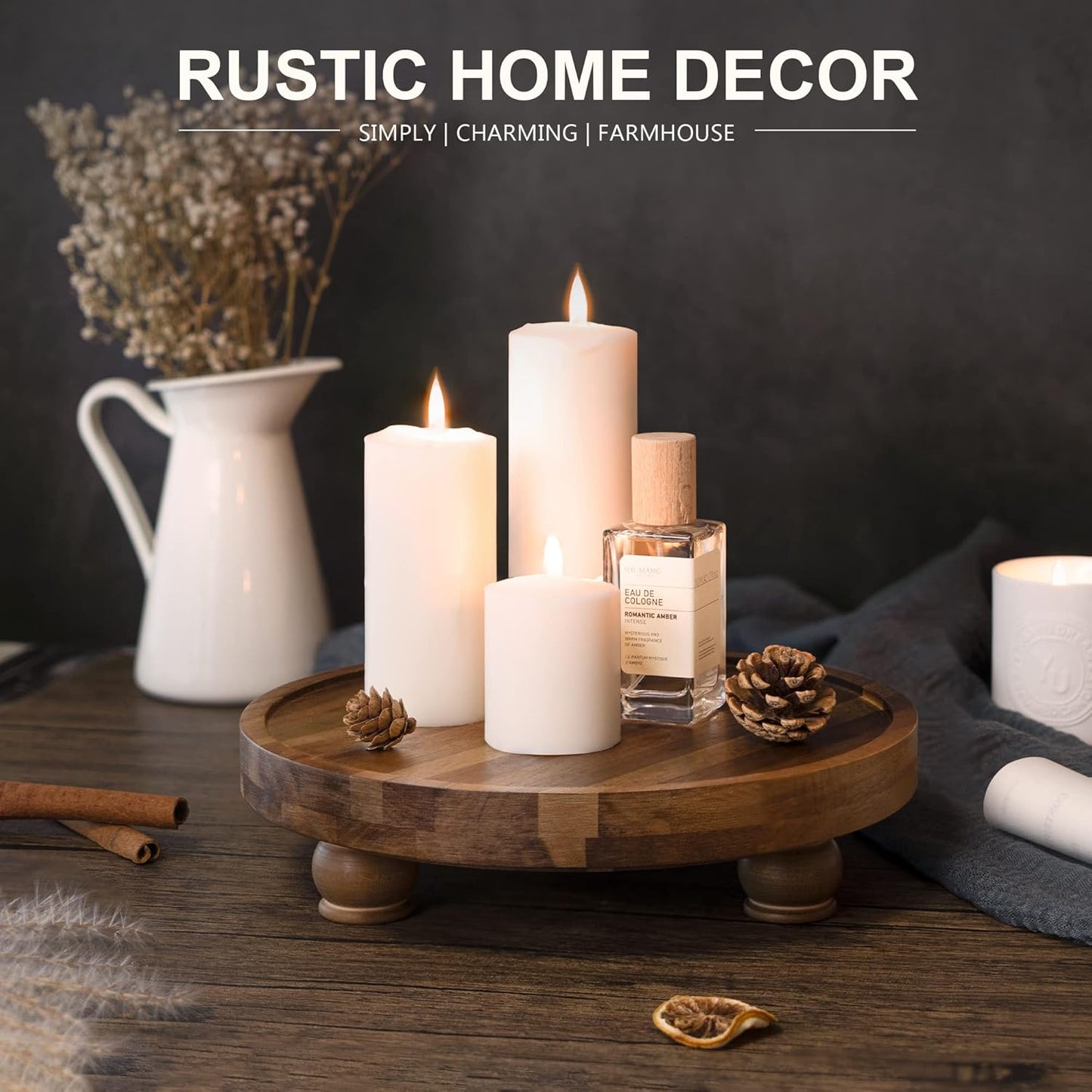 EOSAHR Wooden Riser for Display : Farmhouse Pedestal Stand for Your Kitchen Counter & Home Decor - Chic Round Waterproof Bathroom Trays for Soap, Plants, Jewelry, Perfume (Acacia Wood)