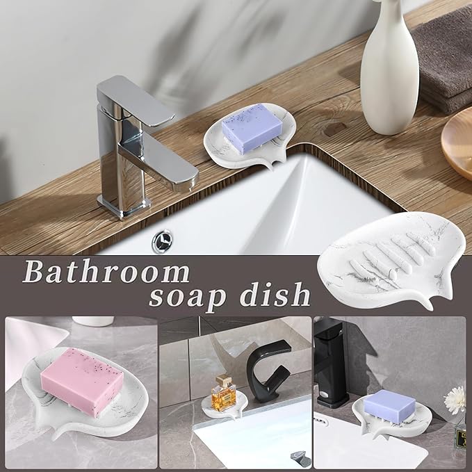 2 Pcs Soap Dish with Drain- Self Draining Bar Soap Holder for Shower, Marble Look Soap Savers Soap Tray Sponge Holder for Kitchen, Bathroom, Bathtub Sink, White