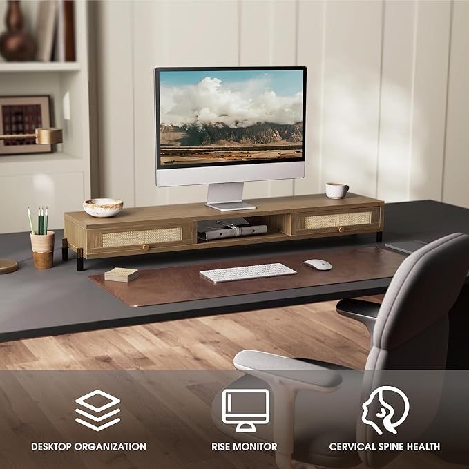 Fenge Dual Monitor Stand for Desk - Long Wooden Riser With Rattan Woven Drawer, 2 Tier Desk Shelf for 2 Monitors, Vintage Computer Stand for Laptop, Printer, TV