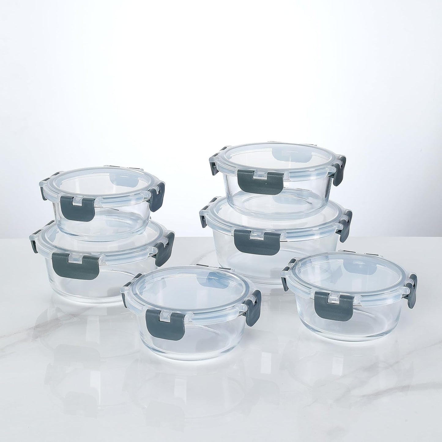 [6-piece set] Glass food preparation and storage containers with lids that provide a good seal. Glass lunch boxes that are microwave, oven, freezer, dishwasher safe. (Round)