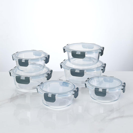 [6-piece set] Glass food preparation and storage containers with lids that provide a good seal. Glass lunch boxes that are microwave, oven, freezer, dishwasher safe. (Round)