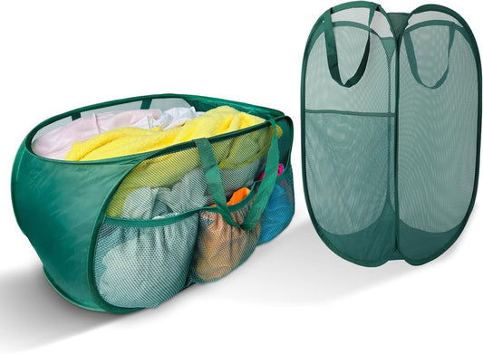 Collapsible Laundry Basket 2 pack, Mesh Pop Up Laundry Hampers with Handles, Anti-tear, Light Breathable, Odor-free, Fold Compact, Large Hold Portable Travel Laundry Bag for Home Bin, Green. H+V
