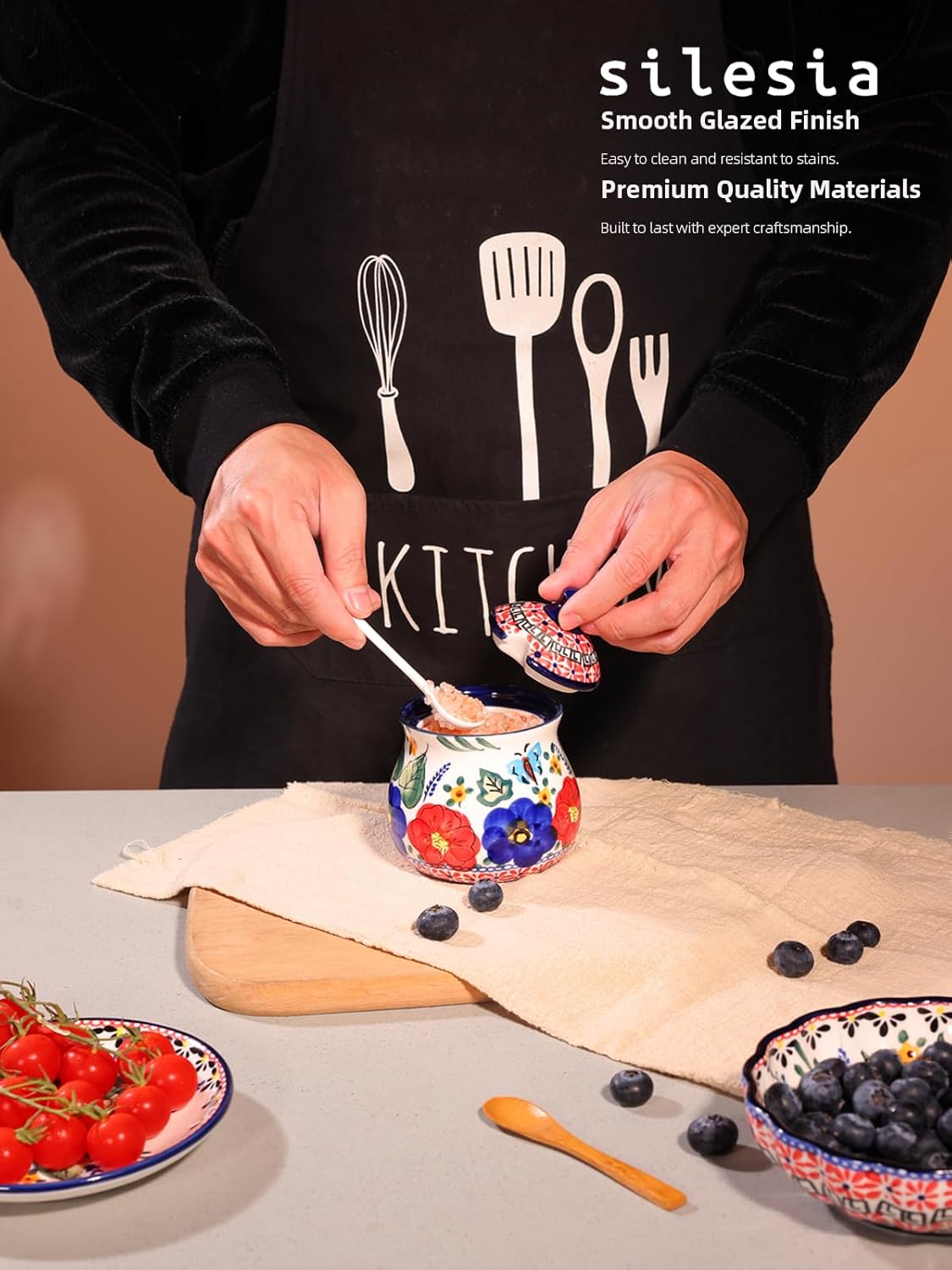 silesia Handmade Sugar Bowl with Lid and Spoon, 9 Ounce Ceramic Hand-Painted Sugar Jar for Home in Gift Box, Kitchen Decor, Oven, Dishwasher & Microwave Safe, Polish Garden