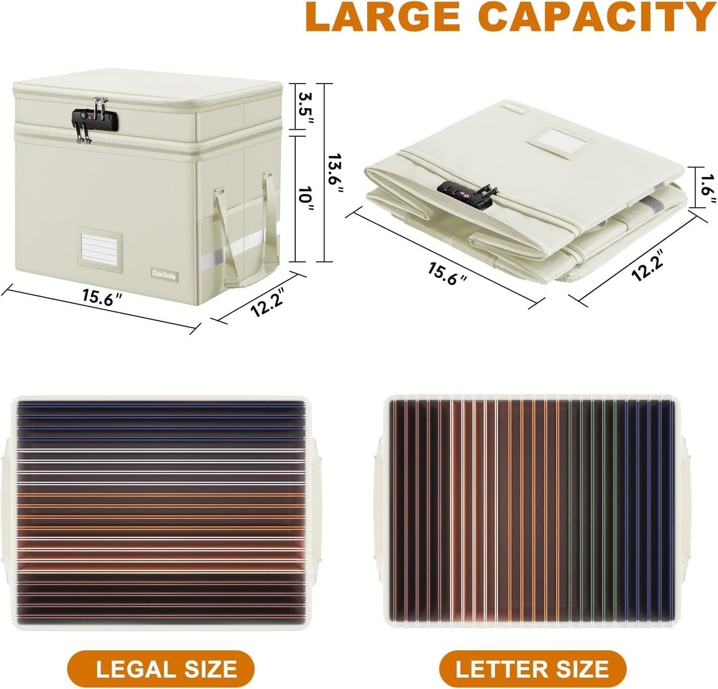 DocSafe File Box with Lock,Multi-Layer Fireproof Document Box Collapsible File Storage Organizer with Pockets/Handle,Large Portable Home Office Filing Box for Hanging Letter/Legal Size Folders,Beige