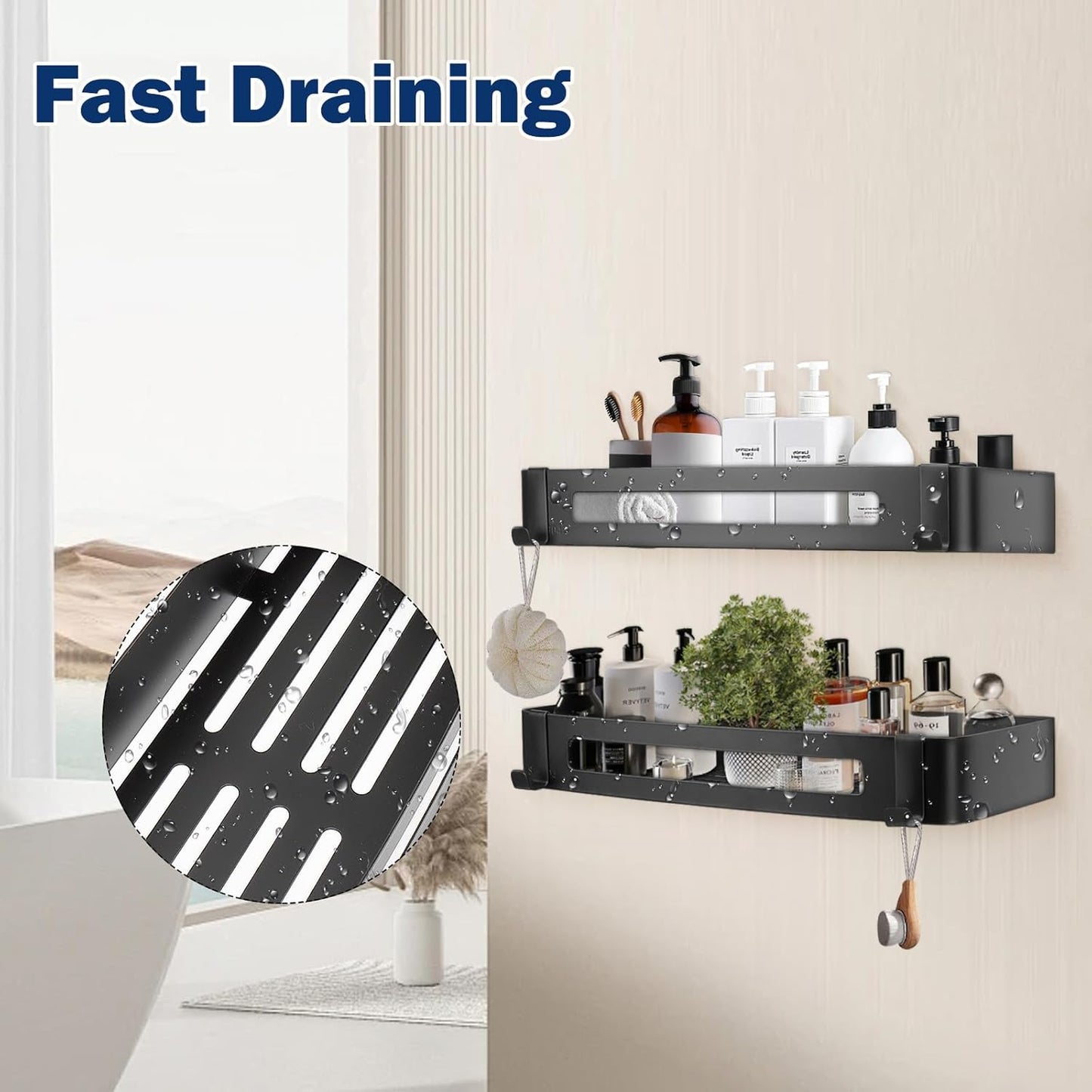 NearMoon Bathroom Shower Caddy 2 Pack, No Drill 304 Stainless Steel Shower Organizer with 2 Hooks (Shower Shelf, Matte Black)