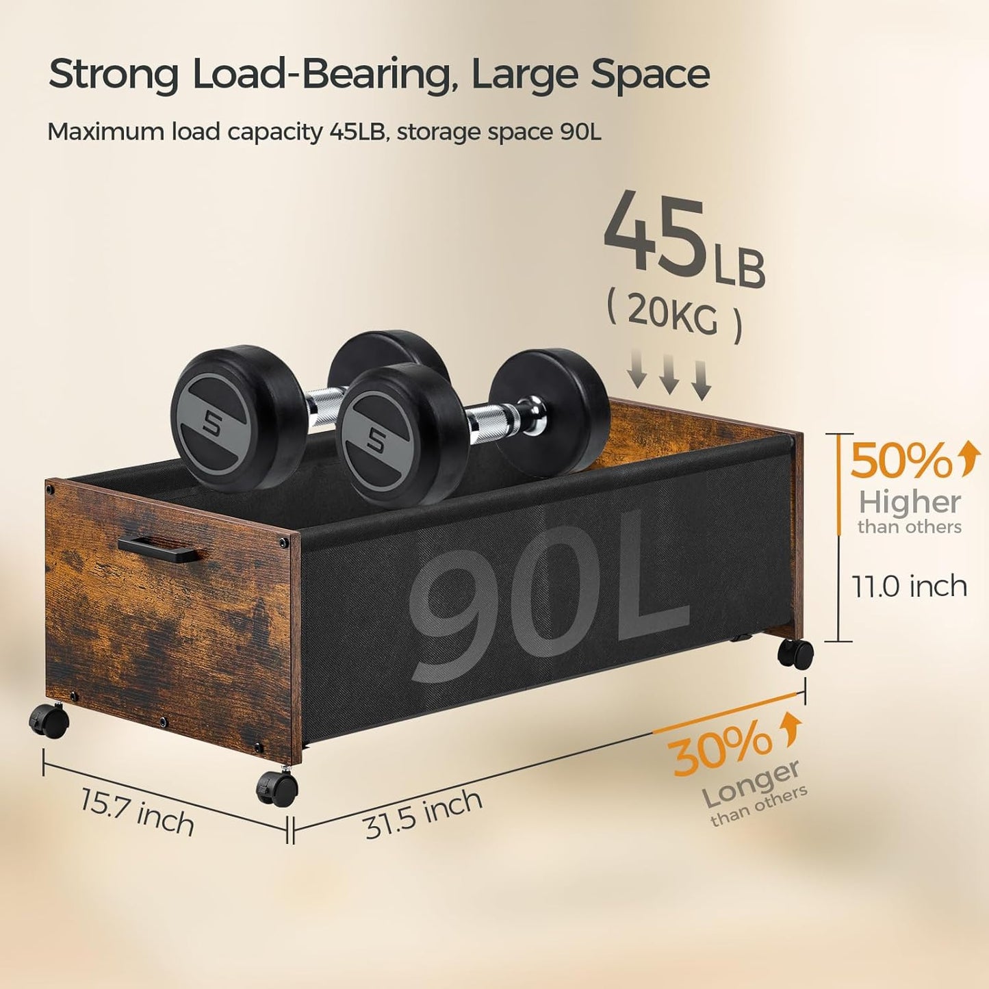 Under Bed Storage with Wheels, Wooden Under Bed Drawers On Wheels, Rolling Under Bed Shoe Storage, Space Saving, Rustic Brown,Quadruple Size,90L