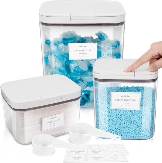 3 Pack Laundry Powder Containers & Dryer Sheet Holder with Lids & Labels - Airtight Laundry Room Organization and Storage Jars for Pods, Scent Beads, Balls, Detergent