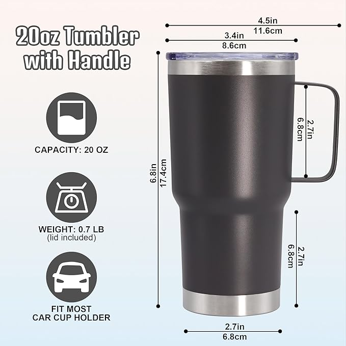 20 oz Tumbler with Handle and Lid, Stainless Steel Tumbler Insulated Travel Coffee Mug, Spill Proof Double Wall Vacuum Tumbler Cup Keep Drink Hot & Cold, Grey, 1 Pack