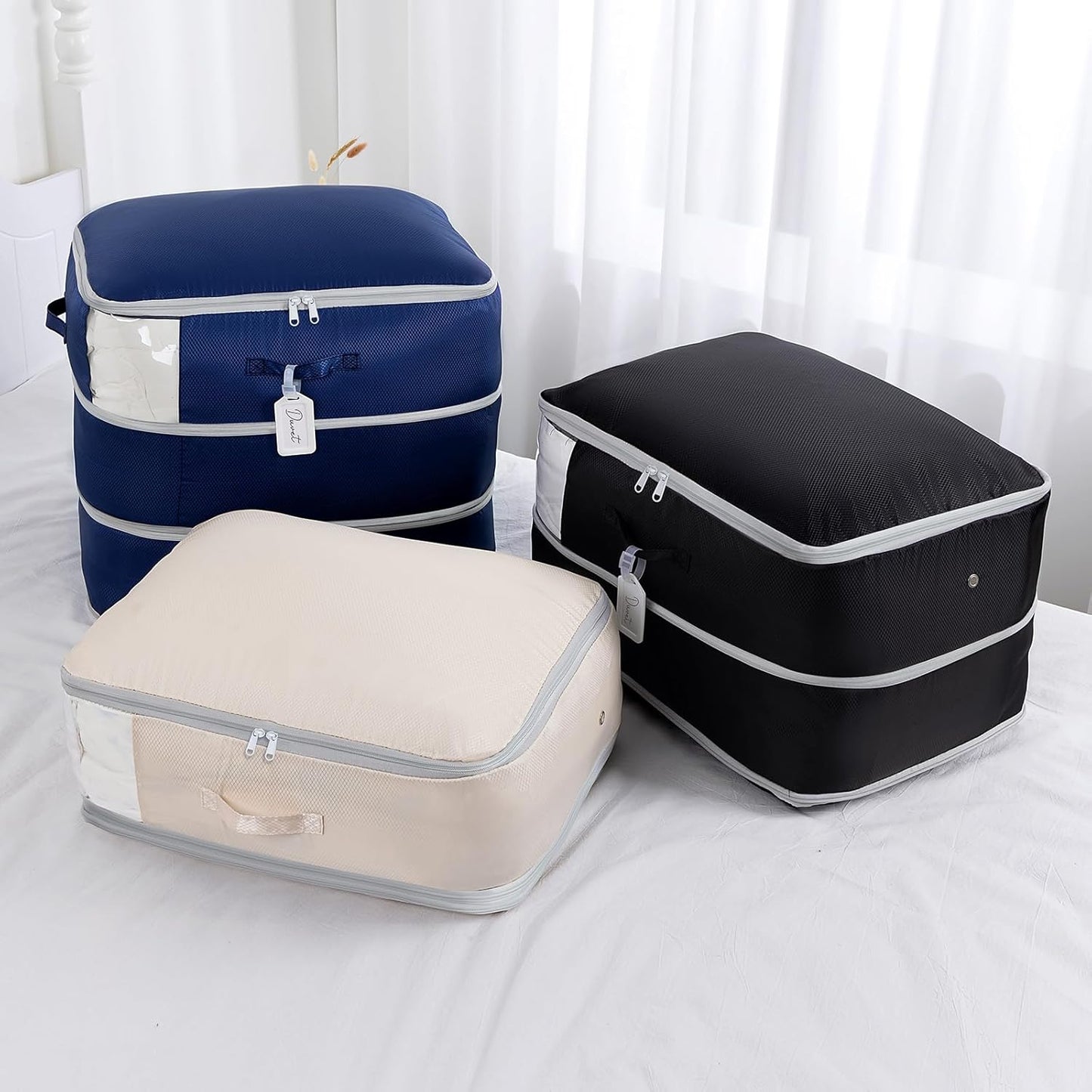 Comforter Storage Bag - Large Capacity Blanket Storage Bags 3-Layer Ultra Space Saving Self Compression Organizer, Washable Compression Bags for Storage Comforter Blanket, 1-Pack, Beige