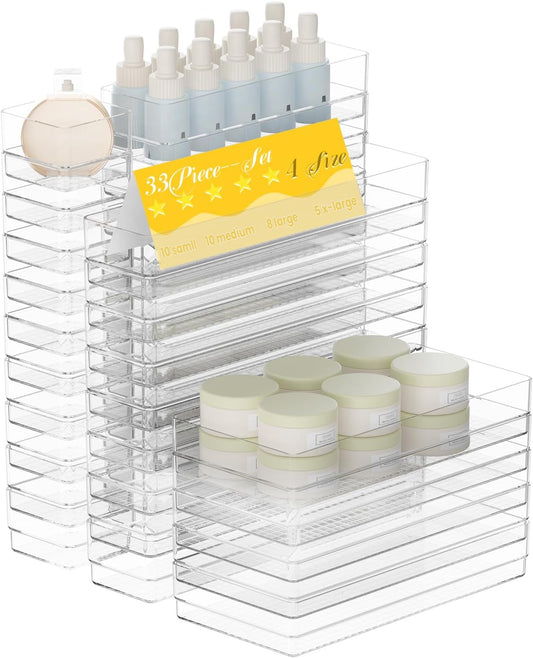 33 PCS Clear Plastic Drawer Organizer Set, 4 Sizes Acrylic Drawer Storage Trays Non Slip Storage Bins for Makeup, Jewelry, Gadgets for Kitchen, Bedroom, Bathroom, Office