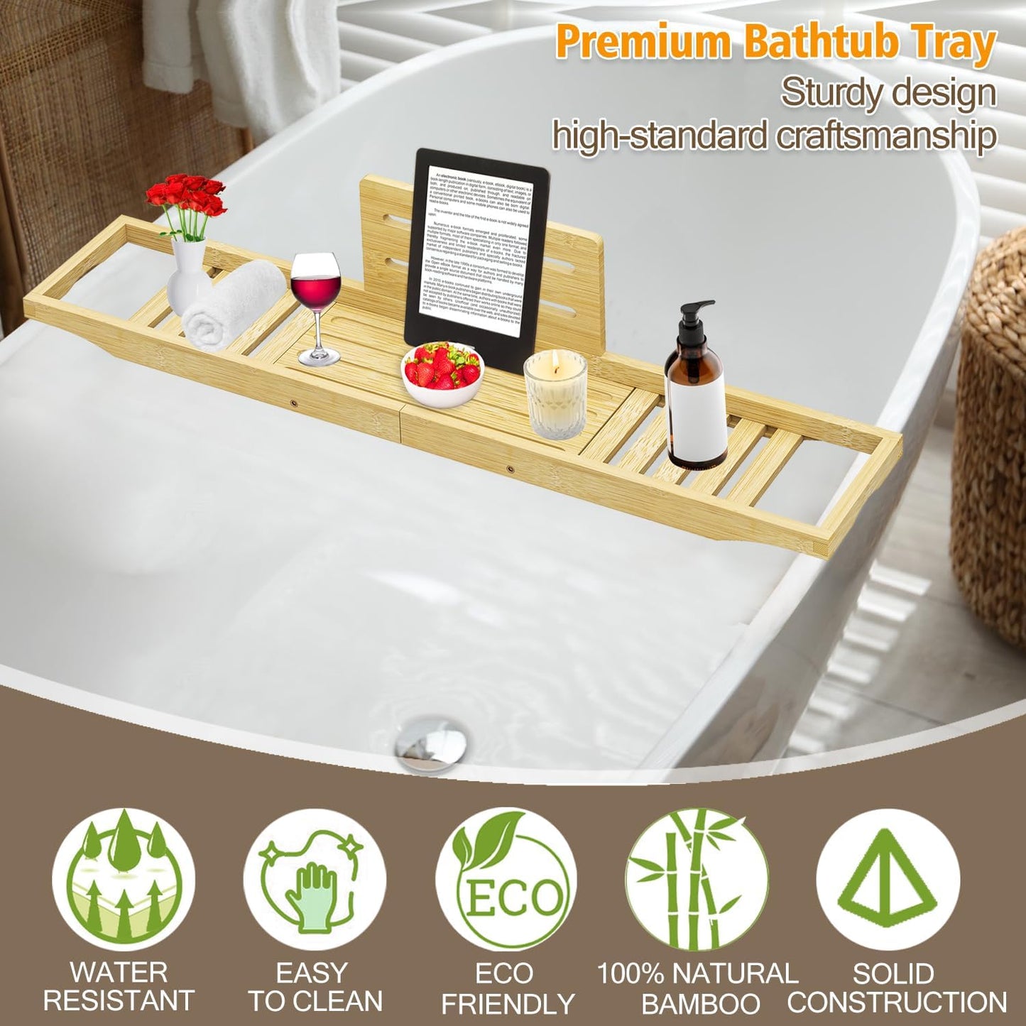Bathtub Tray Caddy - Bath Tray - Bath Tub Table Tray - Bamboo Bath Tray for Bathtub