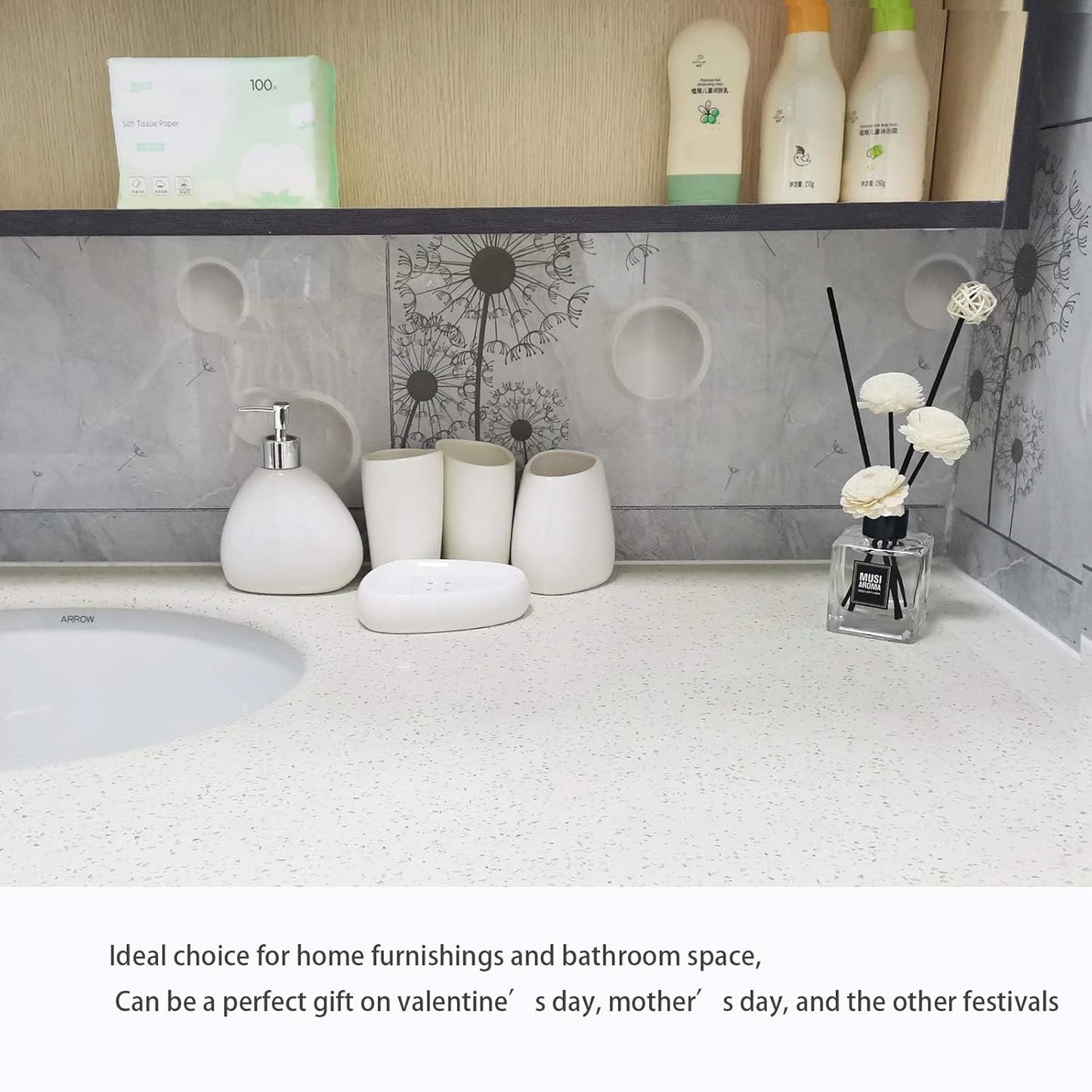 White Ceramic Bathroom Accessory Set, Bathroom Vanity Countertop Set, Bathroom Soap Dispenser and Toothbrush Holder Set Complete, 2 Tumbler Cup, Soap Dish, 5 Pieces