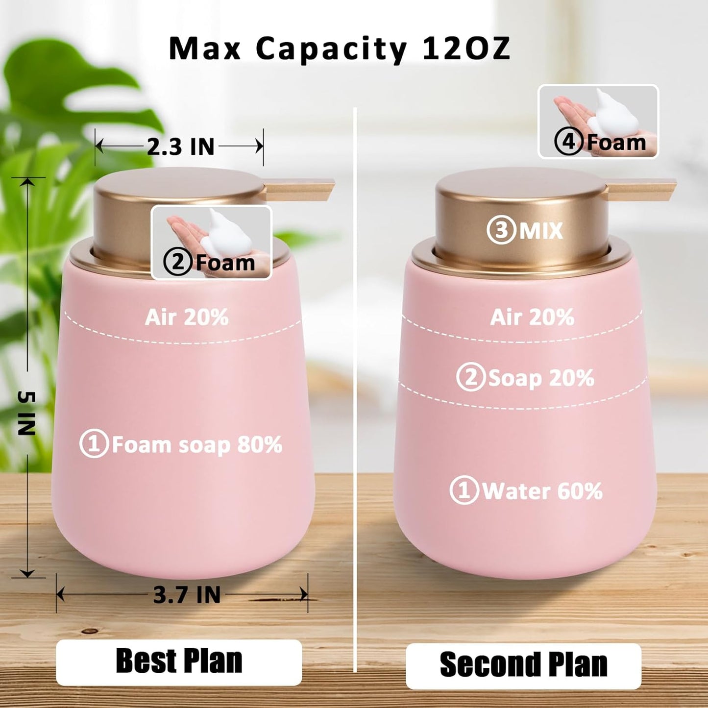 Soap Foaming Dispenser Ceramic with Easy-to-Press Pump Hand Foam Dispenser for Shampoo Bathroom Kitchen 12 oz