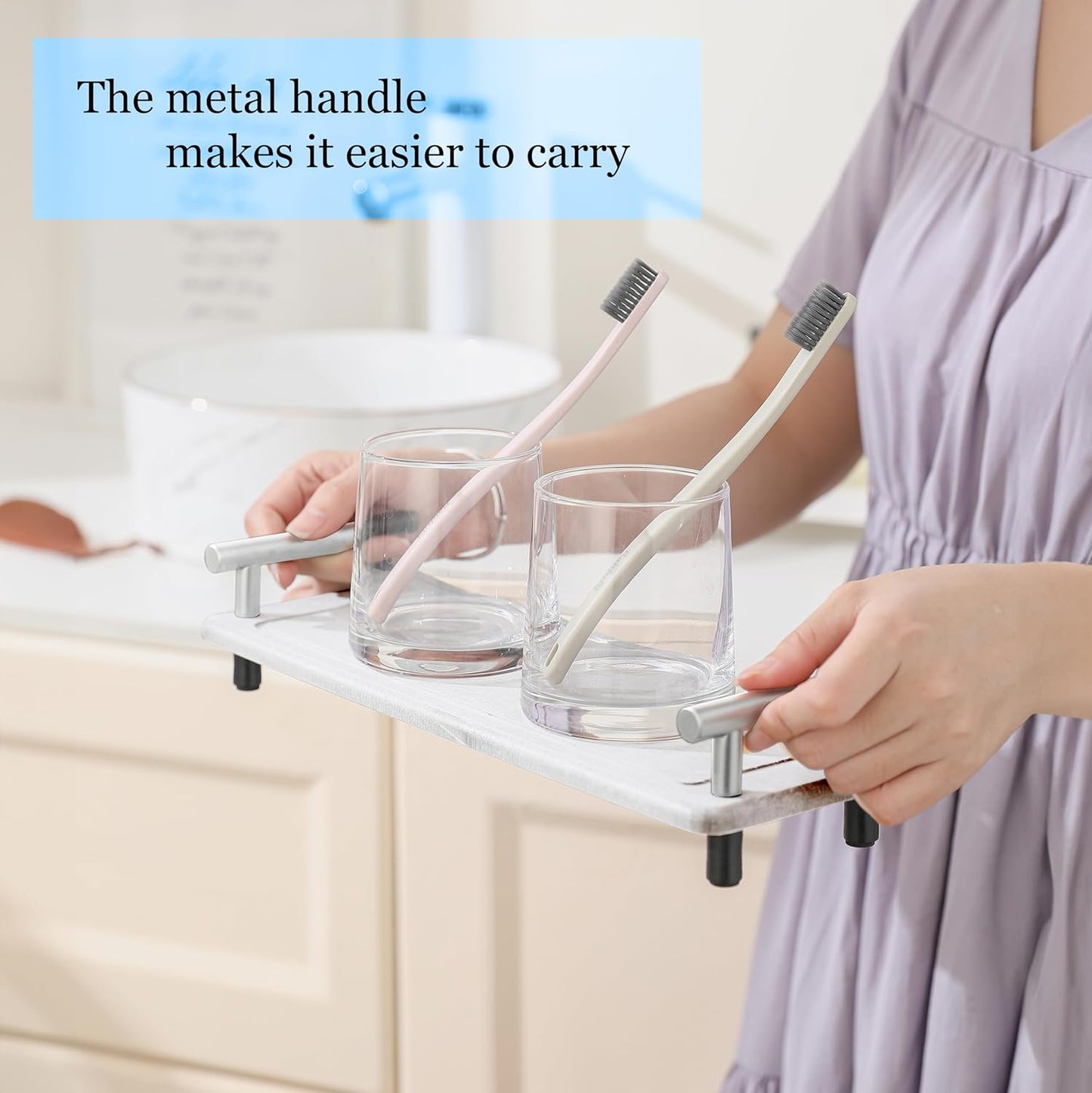 2PCS Instant Stone Drying Tray for Bathroom Kitchen, Bathroom Counter Decoration, Quick Dry Stone Sink Tray, Fast Drying Sink Caddy, Water Absorbing Sink Caddy (Light Grey & Silver Handle, Small)