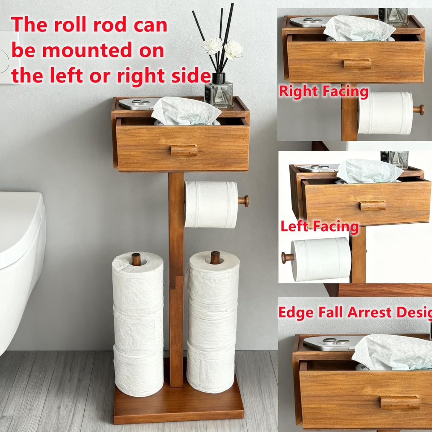 Freestanding Bathroom Toilet Paper Holder Stand with Shelf, Wood Toilet Paper Roll Holder with Wet Wipes Storage Drawer,Brown(2 Rods,Stores 6 Rolls)