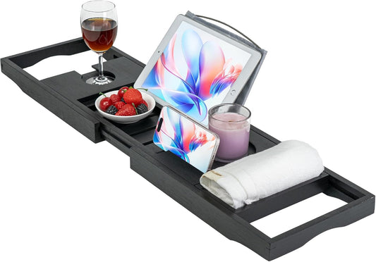 Utoplike Bamboo Bathtub Tray Caddy, Black Bath Tray Table for Tub, Adjustable Bathroom Organizer with Book Tablet Wine Glass Cup Towel Holder