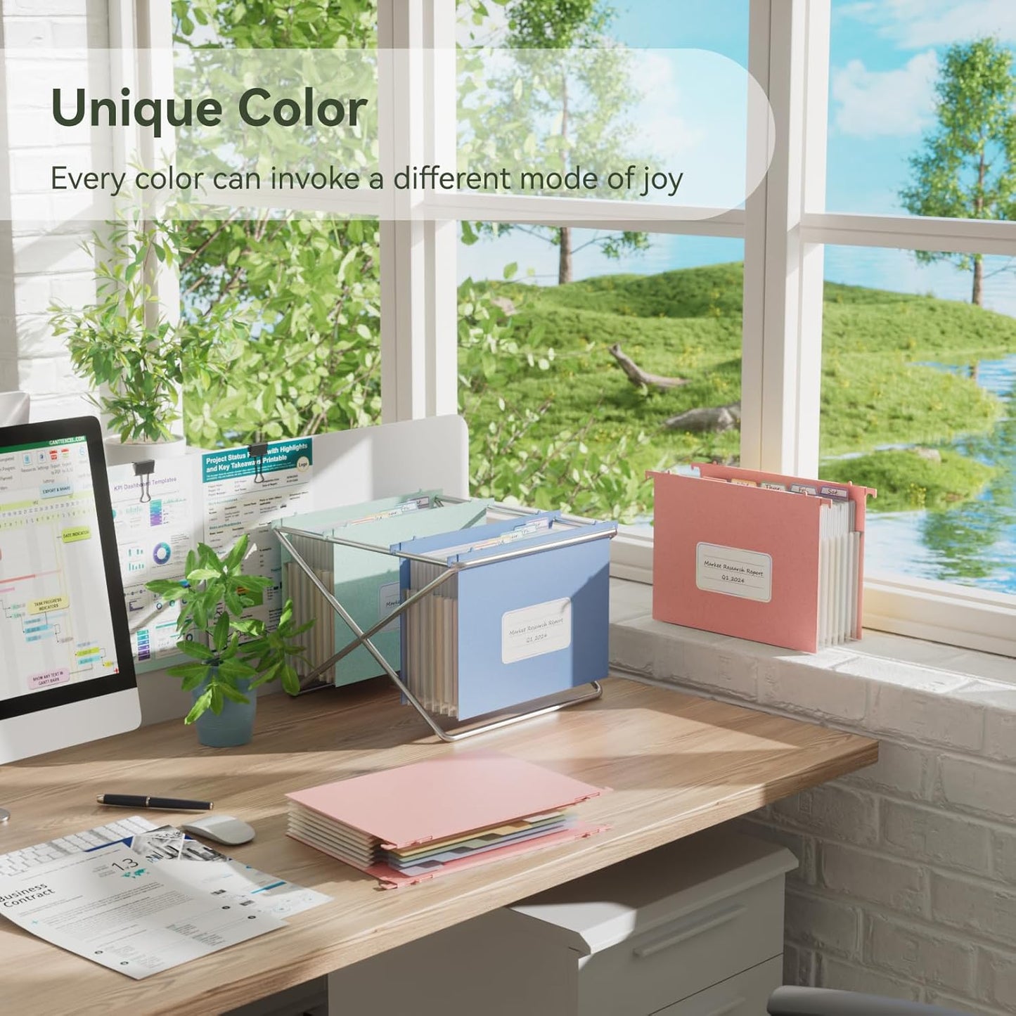 Wheat Straw Expanding Hanging File Folders, File Organizer, 1.2" Accordion Pockets, Large Capacity, Letter Size for Filing Cabinet, 100% BPA Free, Return to Nature, Healthy Living-Pink