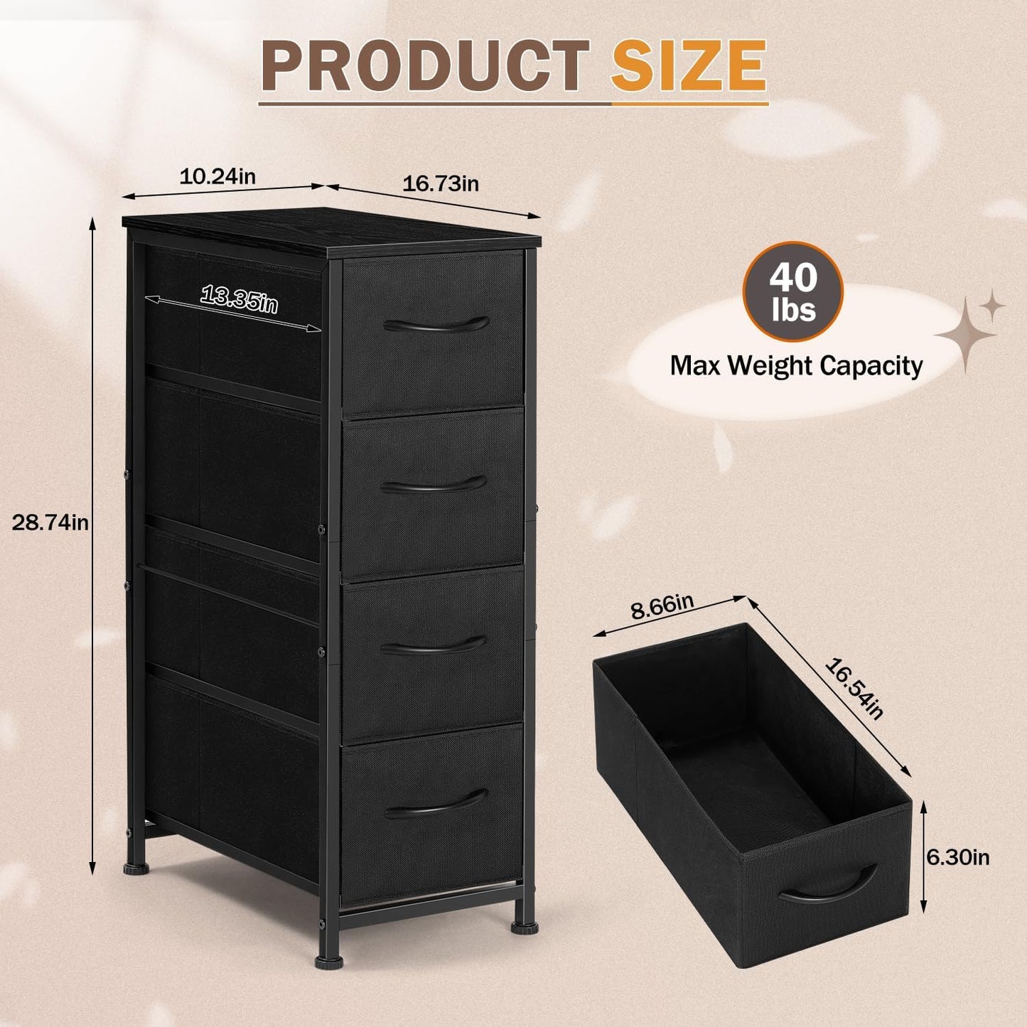 Ebeneze Narrow Dresser with 4 Drawers, Storage Cabinet, Slim Fabric Tower with Wheels, Wood Shelf, Bedroom Organizer Skinny Chest for Small Spaces, Bathroom, Living Room, Laundry, Closet, Black