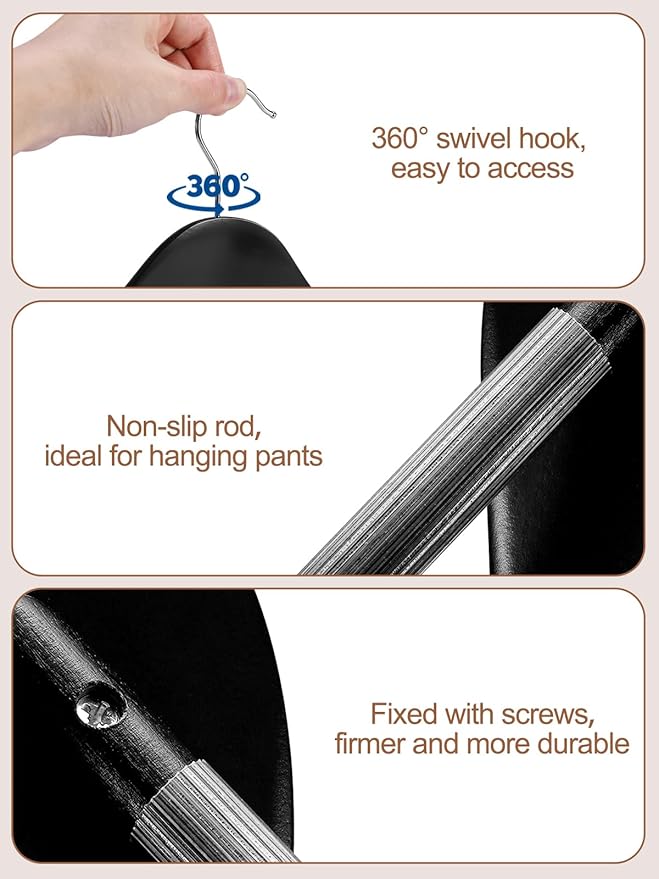 HOUSE DAY 19'' Extra Wide Shoulder Wooden Hangers 6 Pack, Premium Large Wood Suit Hangers with Non Slip Pant Holder, Wide Shoulder Hangers for Suits, Coats, Jackets, Heavy Wide Clothes Hanger, Black