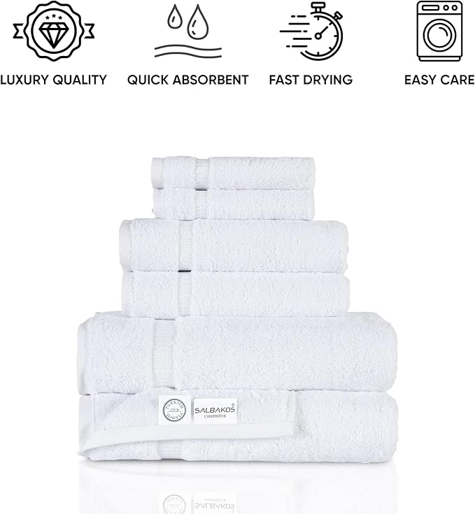SALBAKOS 100% Turkish Cotton 6-Piece Towel Set | Heirloom Quality Hotel & Spa Collection | Soft, Super Absorbent 2 Washcloth, 2 Hand, 2 Bath Towel Sets | Made in Turkey (White, 6 Piece Towel Set)