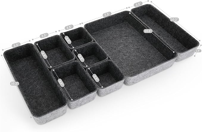 Welaxy desk drawer organizer tray shallow felt storage bin for office suppliers makeup pen keys craft brush decluttering 8-piece sleek minimalist lifestyle gift for men (Charcoal)