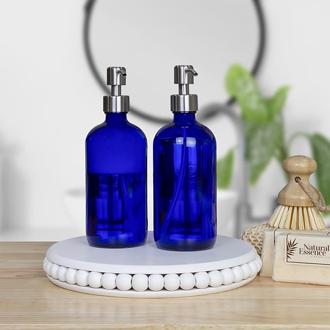 Cornucopia Brands 16-Ounce Cobalt Blue Glass Bottles w/Stainless Steel Pumps (2-Pack), Soap Dispenser w/Lotion Pumps for Essential Oils, Lotions, Liquid Soap