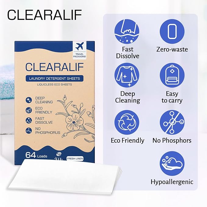 CLEARALIF Laundry Detergent Sheets, Fresh Linen, 64 Load, CLEARALIF Laundry Detergent Strips Eco Friendly & Hypoallergenic