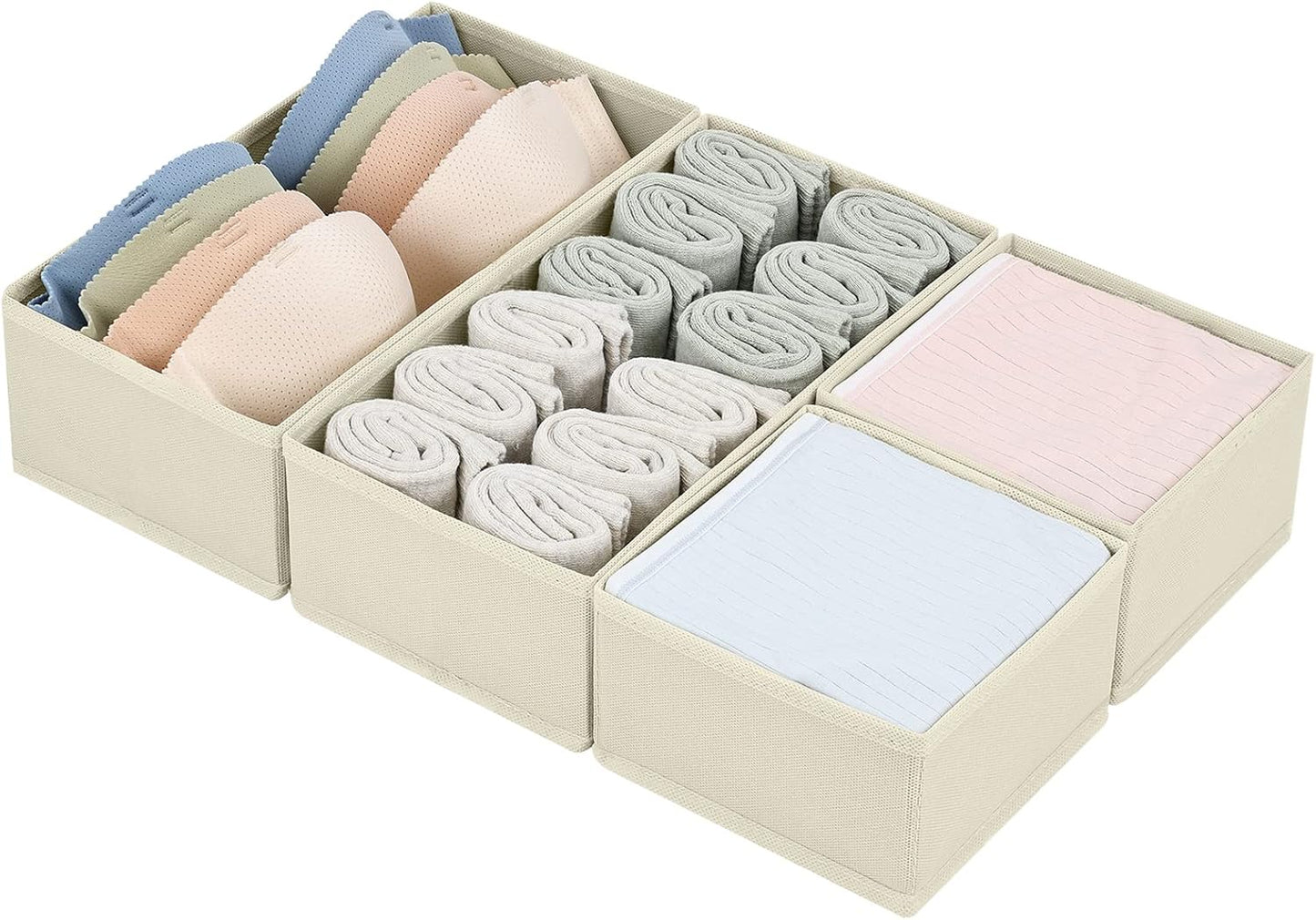 DIMJ Drawer Organizers Clothes, Set of 4 Dresser Organizer Bins, Fabric Closet Organizers and Storage, Shallow Drawer Dividers for Nursery, Clothing, Baby Clothes, Socks, Underwears, Tie (Beige)