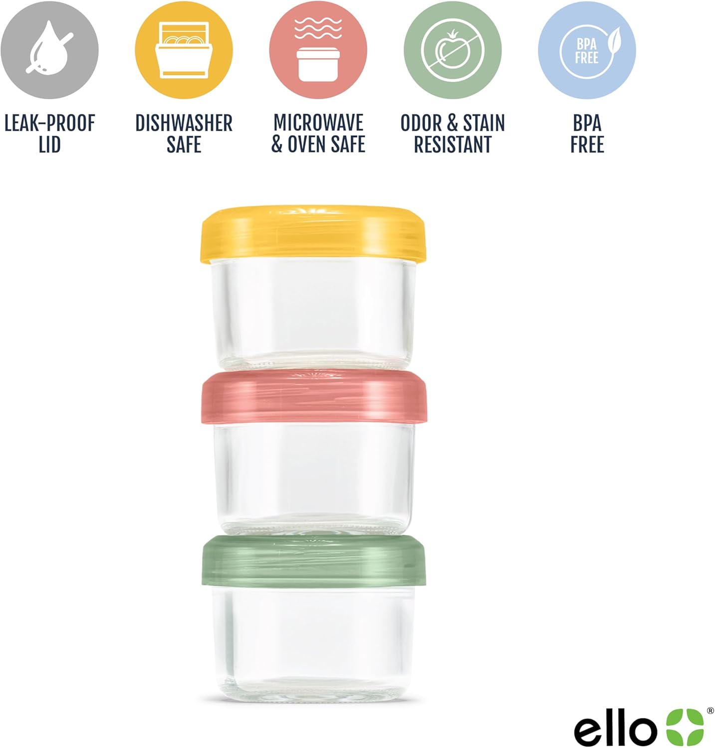 Ello Color Lock 3-Pack 4oz Reusable Glass Condiment Containers with Screw-on Leak-Proof Lid, Perfect for Salad Dressing Sauce Dips, Lunchbox Picnic, BPA-Free, Desert Festival
