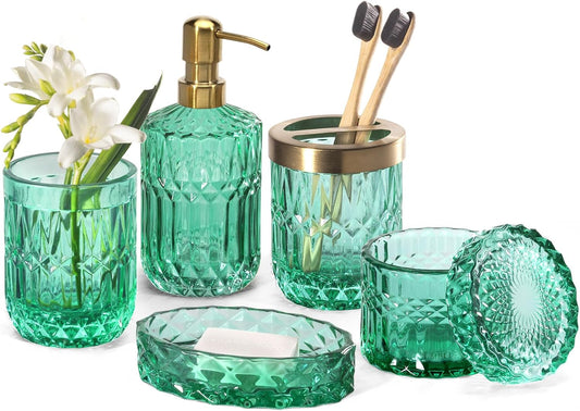 EMPO 6PCS Bathroom Clear Glass Accessories Set (Lotion Soap Dispenser, Soap Dish, Toothbrush Holder, Tumbler, Cotton Swab Jar), Contemporary Modern Decor Crystal Vintage Gift (6pcs Vintage Jade)
