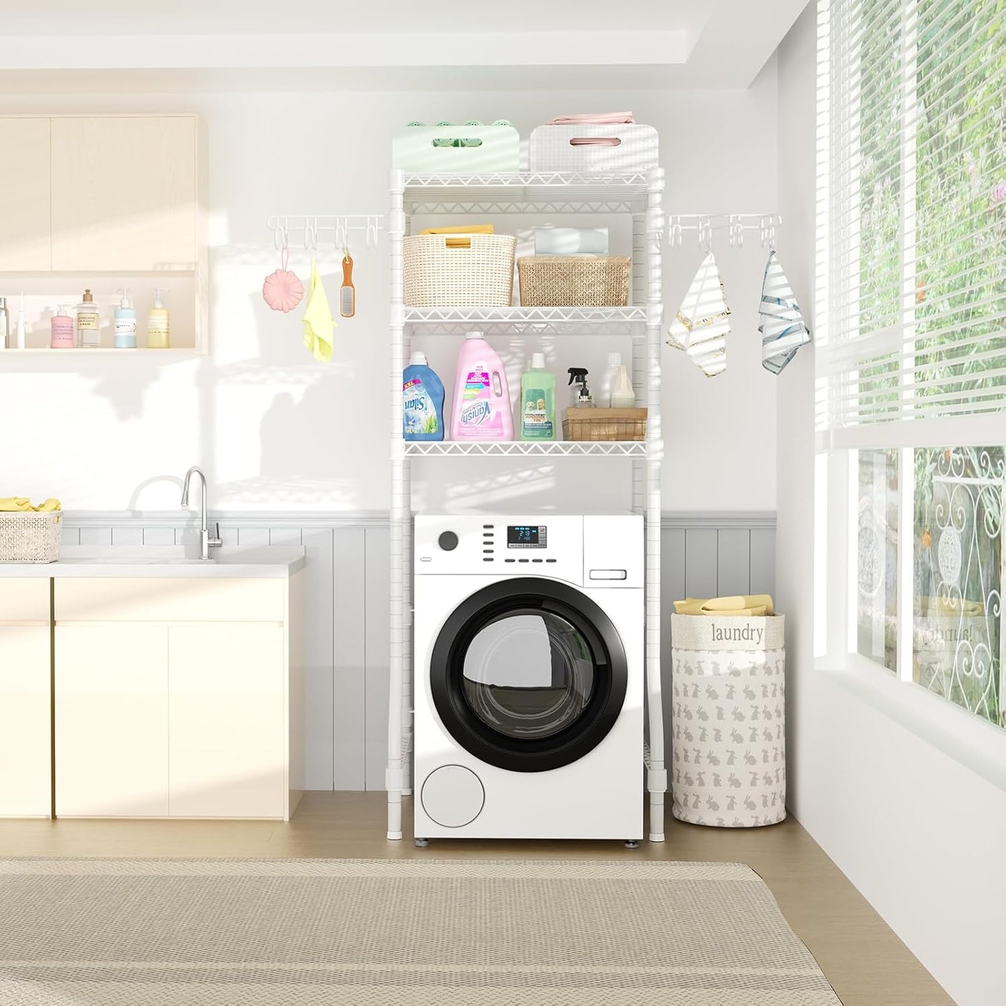 Ulif U8 Mini Laundry Room Storage Organizer, Over The Washer and Dryer Storage Shelves for Laundry Organization, 29.5”W x 17.3”D x 76.2”H, Suit Washing Machine Width Within 27.1”, Hold 304 lb, White