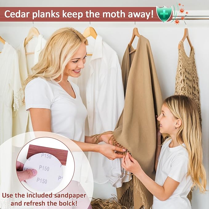 Woodever 40 Pack Cedar Planks for Clothes Storage, 100% Natural Aromatic Cedar Wood Pieces for Closets and Drawers, with Sandpaper and Sachets
