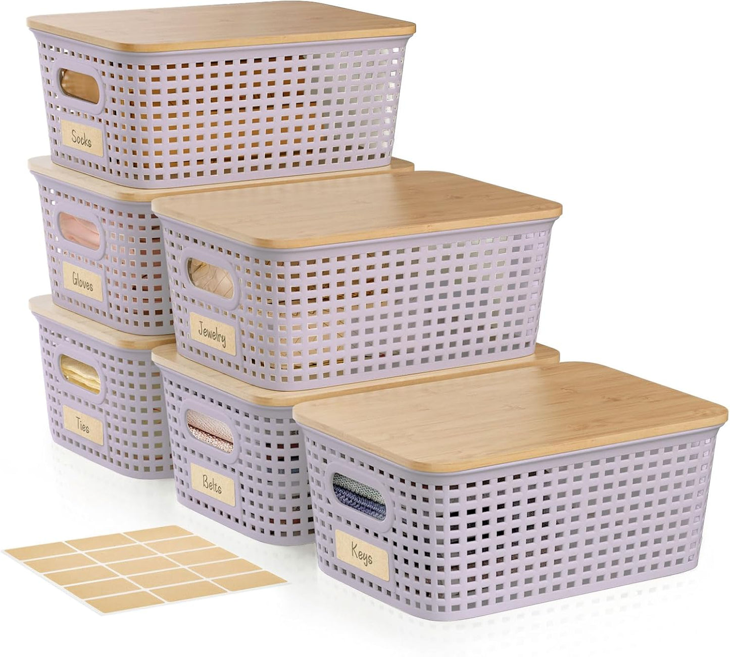 Small Storage Bins with Bamboo Lid, Plastic Storage Box with Lid, 5QT Stackable Organizing Basket with Lable,Storage Container for Classroom, Office, Closet, Shelf Organization, 10x7x4 In-Purple-6 Pcs