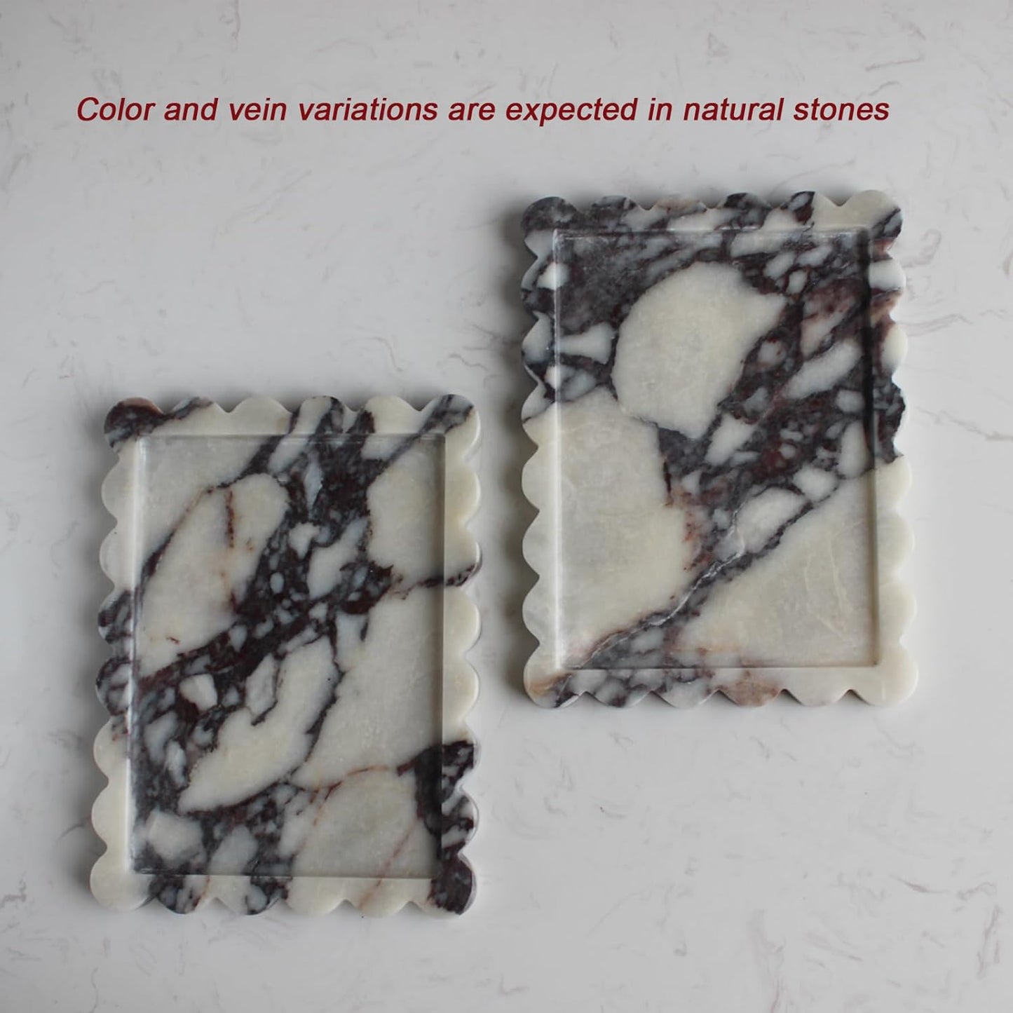 Natural Luxury Scalloped Marble Tray 10.8"x8", Rectangle Vanity Tray for Bathroom Kitchen Counter, Decorative Tray for Dresser Home Decor - Calacatta Purple