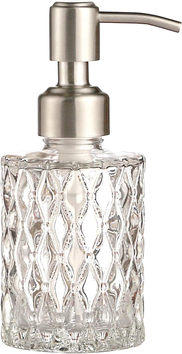 Soap Dispenser with Stainless Steel Pump, Clear Crystal Design, Vintage and Elegant, Refillable Liquid Hand Soap Dish Soap Dispensers for Bathroom Counter, Kitchen Sink (Style2)