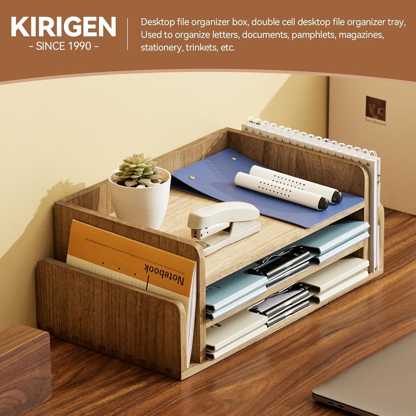 KIRIGEN Wood Desk Organizer 5 Trays - Desktop Document Letter Tray for Folders, Mail,File -Nature 3-Tier Office Mail Sorter Organizer Rack/Telephone Stand/Document Holder Dark Brown(2TP-DBR)