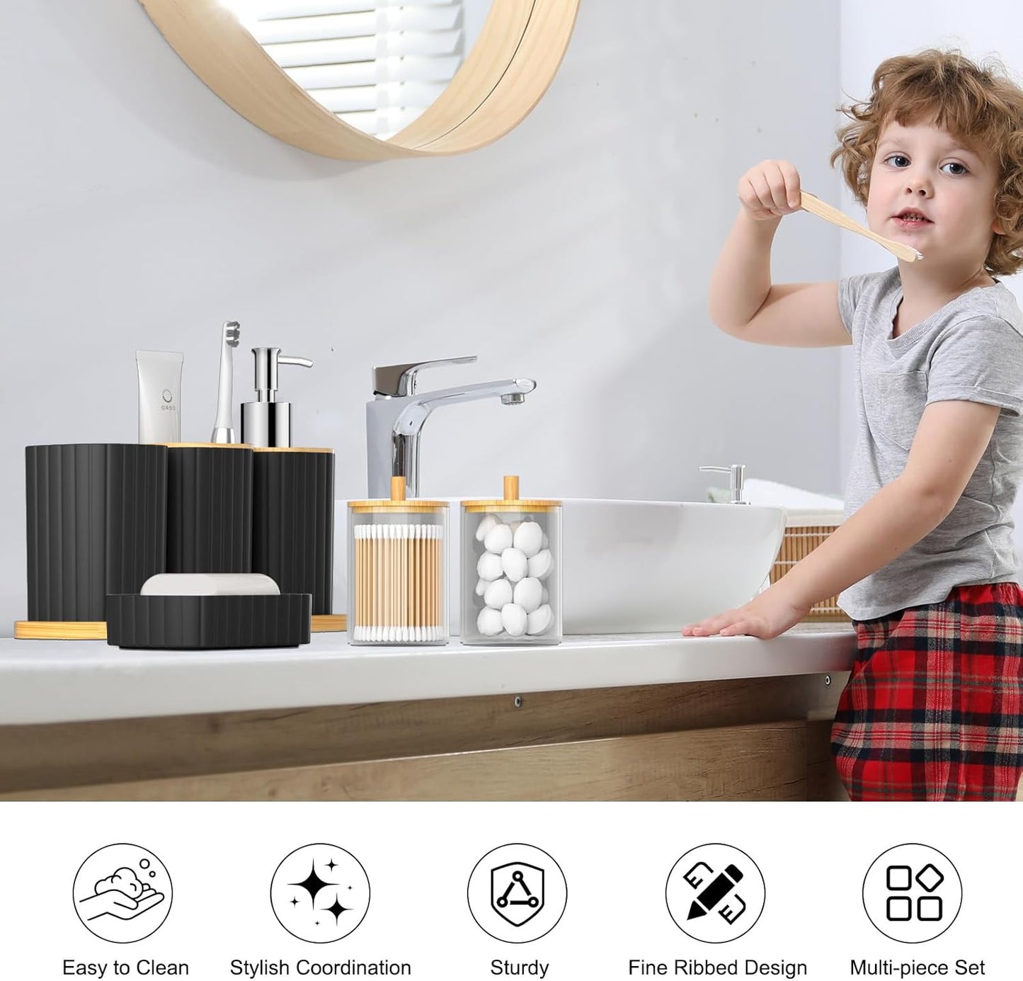 Bathroom Accessories Set - 22PCS Black Bathroom Set with Shower Curtain, Trash Can, Toilet Brush Holder Set & Soap Dispenser – Stylish & Functional Bath Decor for Home, Apartment