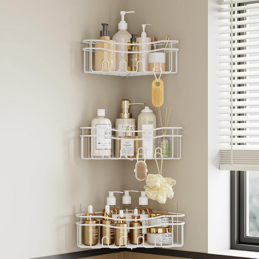 white corner shower caddy with depth caddy and Built in 12 hooks rustproof wall mounted shower shelf 3 pack shower storage for bathroom kitchen room and laudry room.