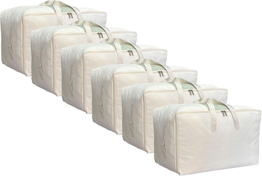 Soft Large Canvas Comforter Storage Bags with Four Carrying Handles and Clear Window, Closet Organizer for Clothing, Blankets Sheets Pillows and Bedding, 80L, 6 Pack, Beige