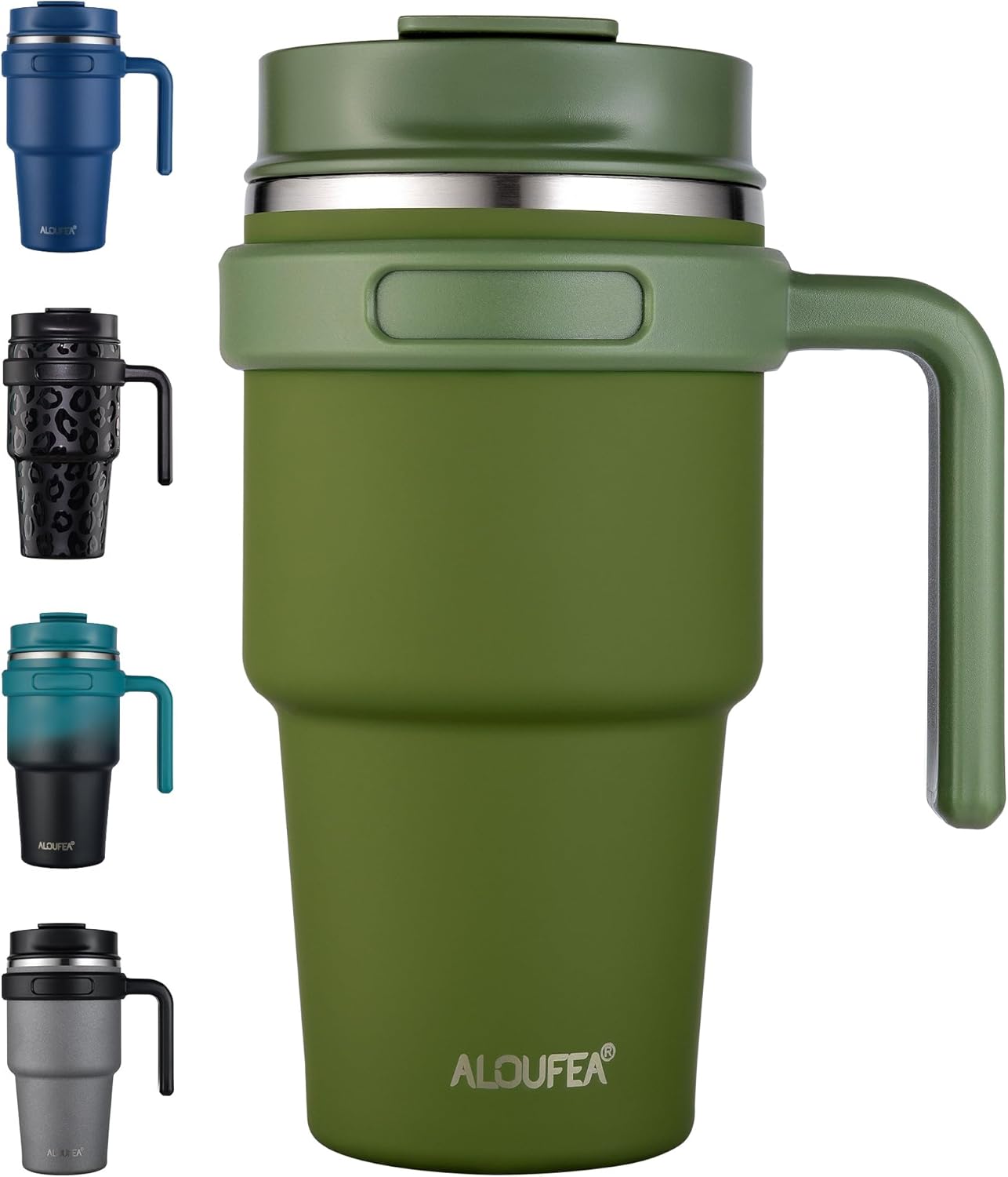 ALOUFEA 20 oz Insulated Coffee Mug Tumbler with Handle, Stainless Steel Travel Mug Tumbler with Lid and Straw,Double Wall Vacuum Leak Proof Ice Coffee Thermal Cup, Army Green