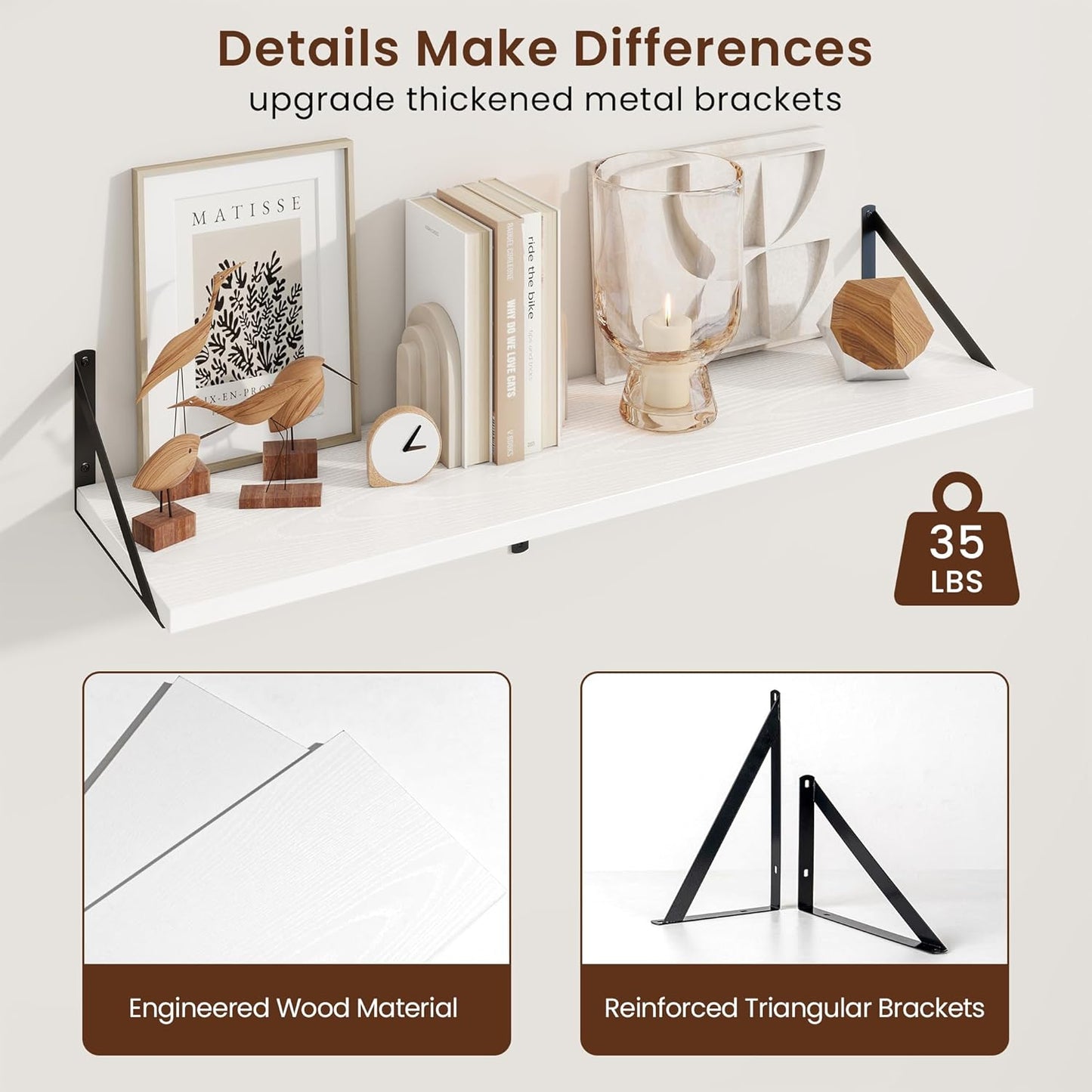 Axeman White Floating Shelves for Wall - 36 Inch Wide x 10 Inch Deep Floating Shelves Set of 2 -White Wide Wall Shelves for Living Room Bathroom Bedroom