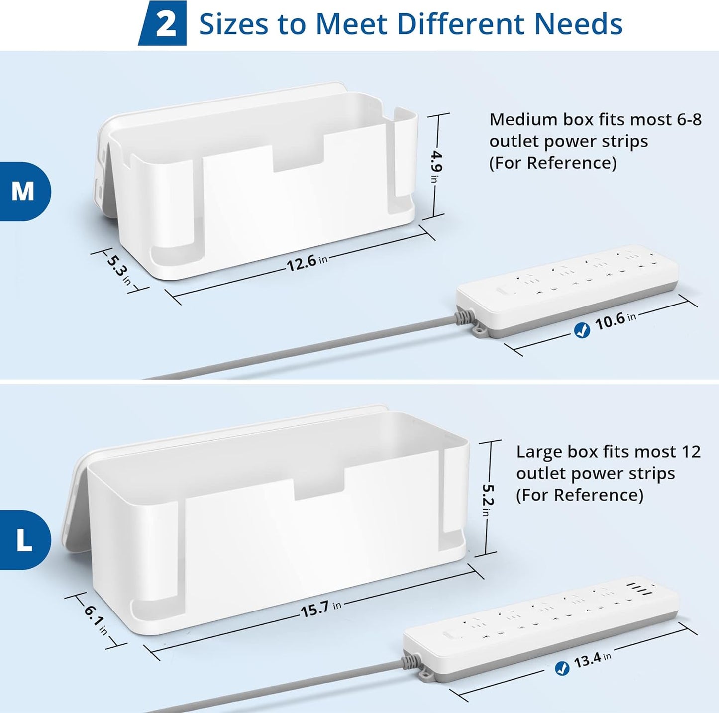 ZhiYo Cable Management Box White, 2Pack Cord Organizer Box - Extra Large and Medium Size, Cord Hider Box to Conceal Power Strips on Desk or Floor, Made from Electrically Safe ABS Material