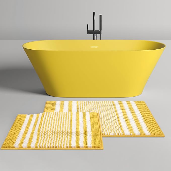 Tindbea Bathroom Rugs Set 2 Piece, Extra Soft and Absorbent Fluffy Striped Chenille Bath Mat Rug Set, Non Slip Bathroom Floor Mat, Machine Washable (20" x 32" Plus 16" x 24", Yellow)