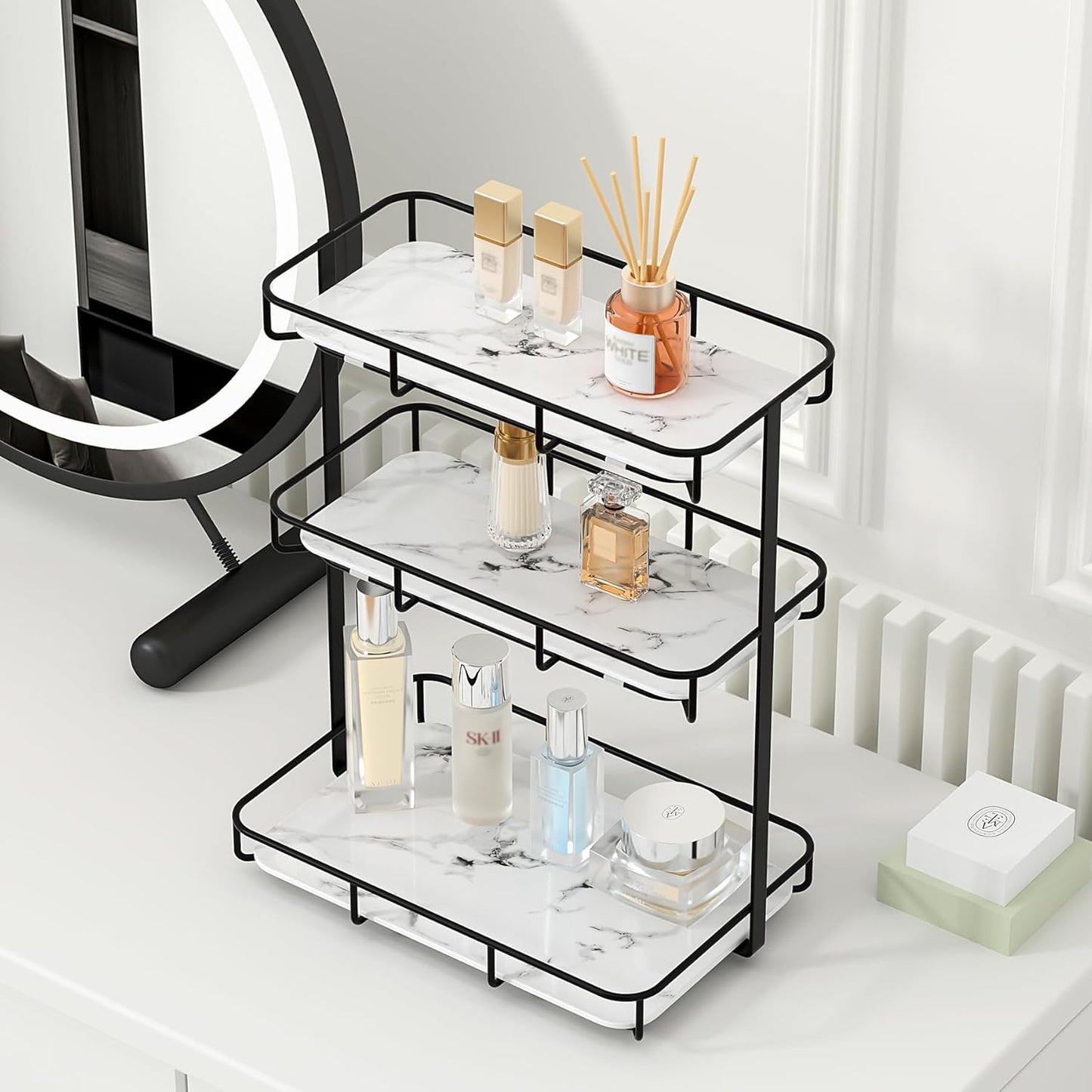 Bathroom Organizer Countertop Perfume Organizer Makeup Organizer Cosmetics Storage Display Rack Vanity Tray Dresser Stainless Steel Gold Shelf White Marble Ceramic Tray