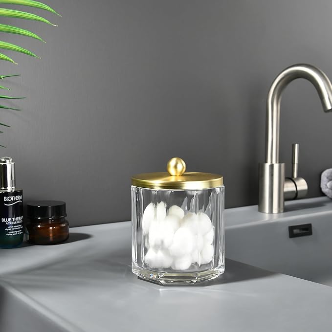 Clear Transparent Apothecary Octagional Shaped Glass Canister Jar With Gold Metal Lid Cover for Bathroom Organization, Cotton Balls, Q Tips, and Small Accessories, Bathroom Storage