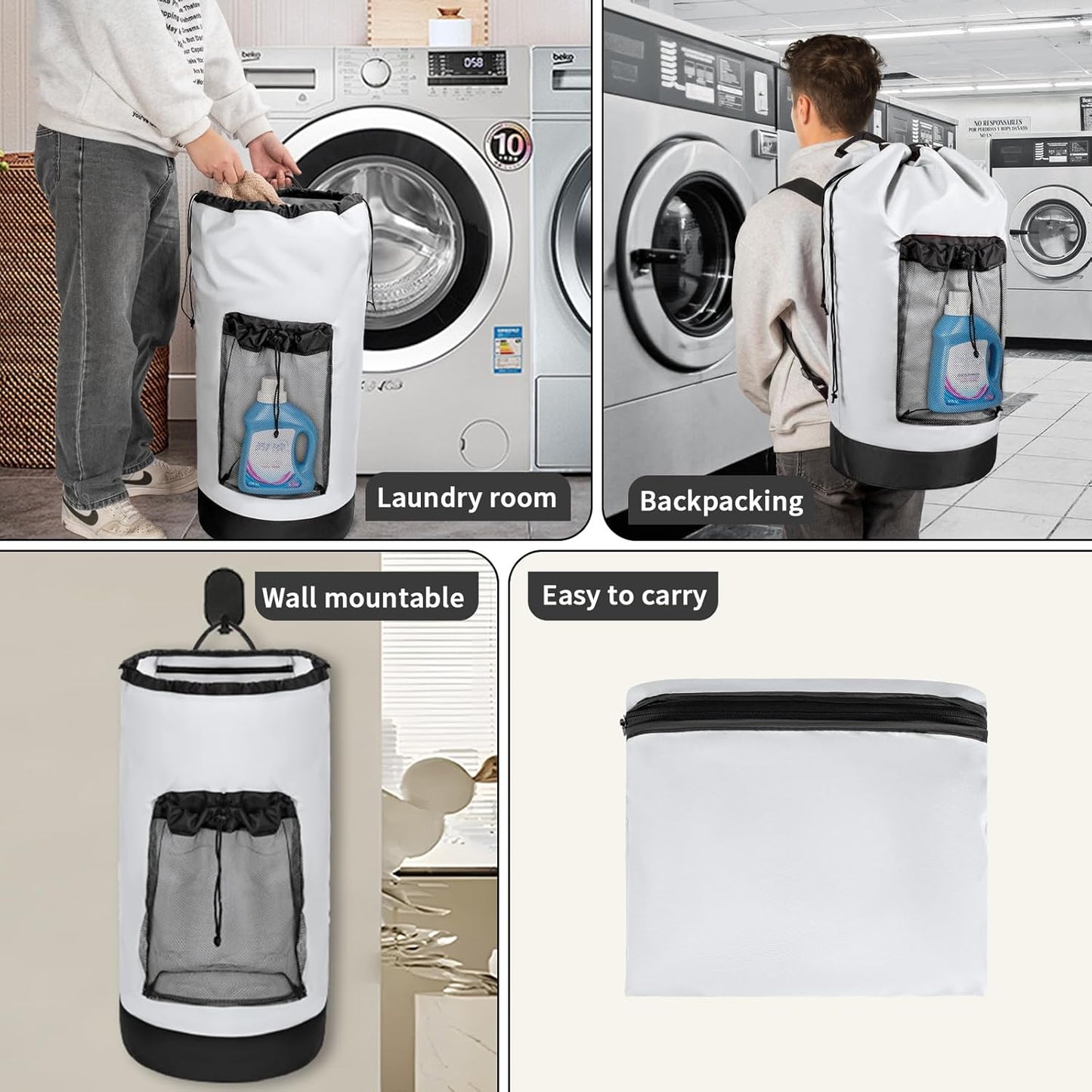 Laundry Bag Backpack with Shoulder Straps and Mesh Pocket Foldable Clothes Hamper Bag with Drawstring Closure for College, Apartment, Laundromat (White)