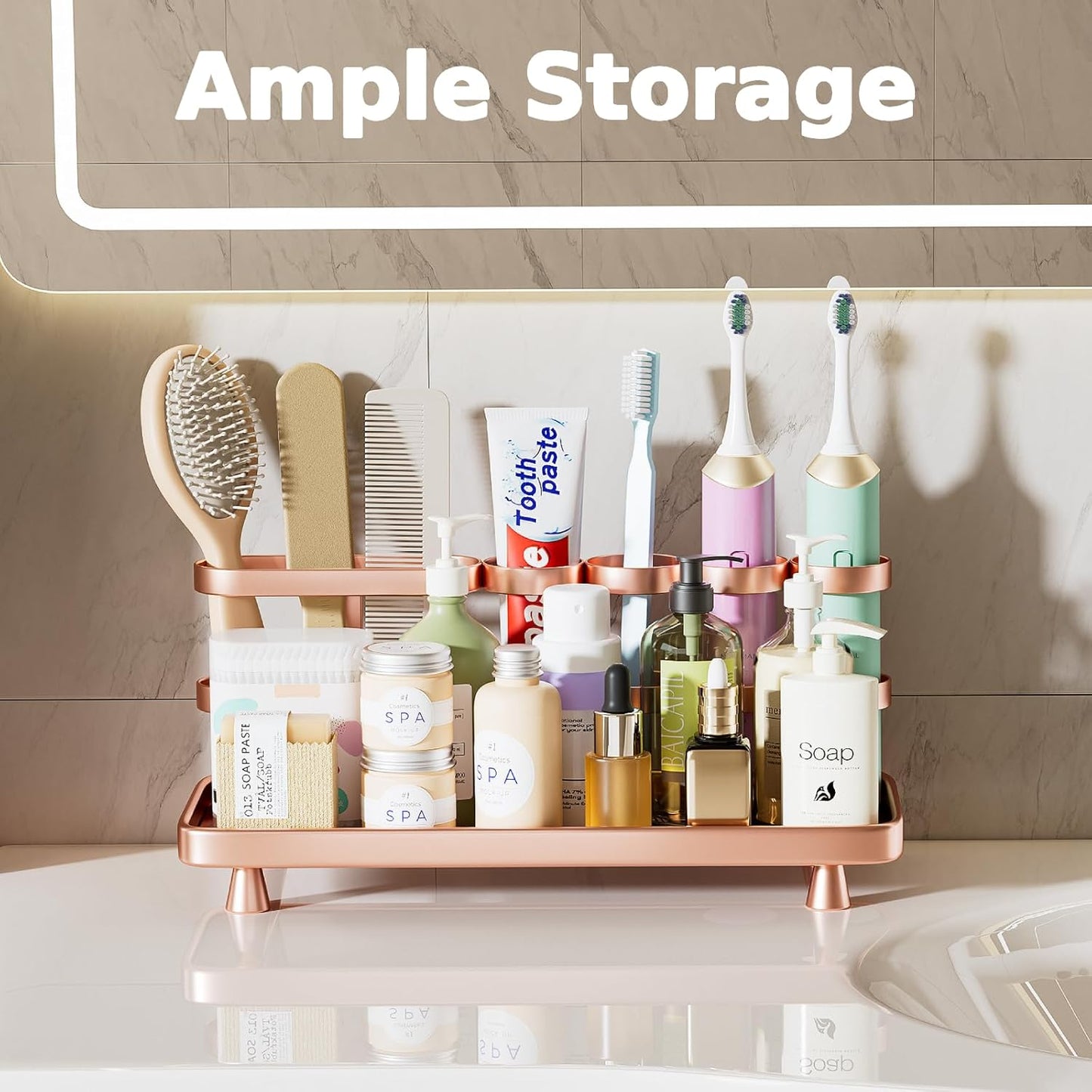 Electric Toothbrush Holder for Bathroom Countertop 5 Metal Slots Toothpaste Razor Mouthwash Organizer, Rose Gold